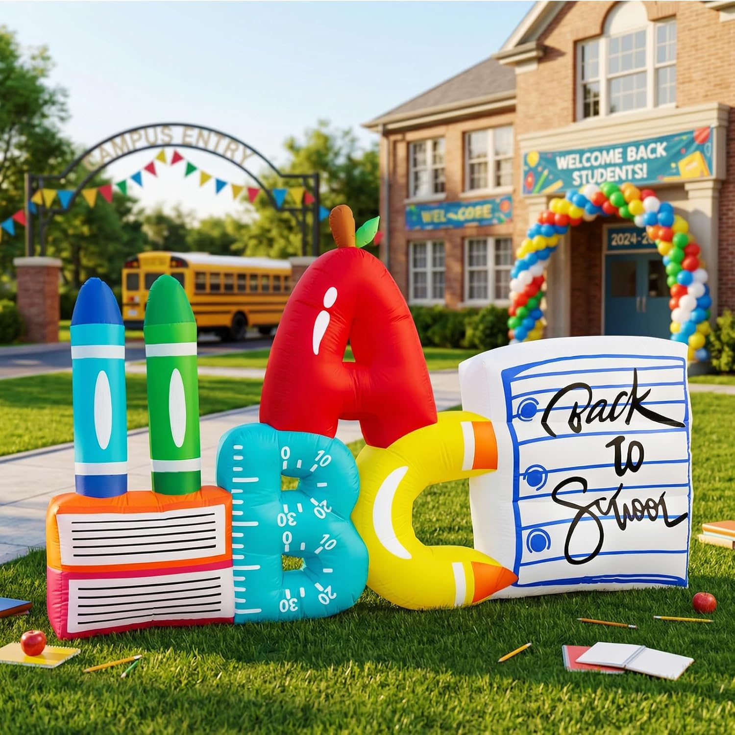 8FT Long Back to School Inflatable Decoration Giant ABC School Supplies Blow Up Outdoor Decor with LED Lights for Outdoor, Indoor, Patio, Lawn Garden Yard Decoration