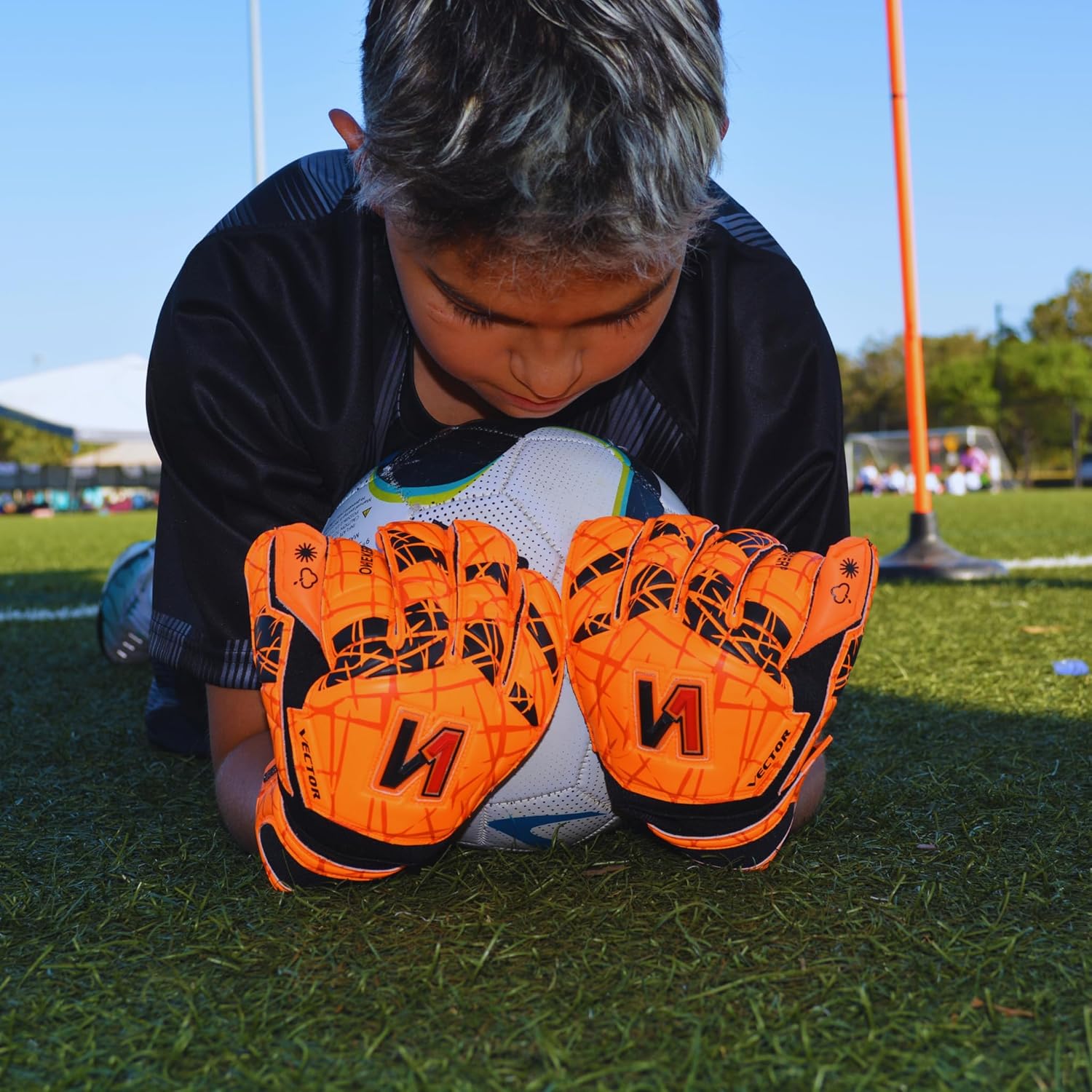 ONEKEEPER Vector Evolution No Finger Protection Youth Goalkeeper Gloves – 3.5mm Semi-Pro German Latex Soccer Goalie Gloves for Kids, Comfort Fit, & Synthetic Field Ready, Sizes 3–7