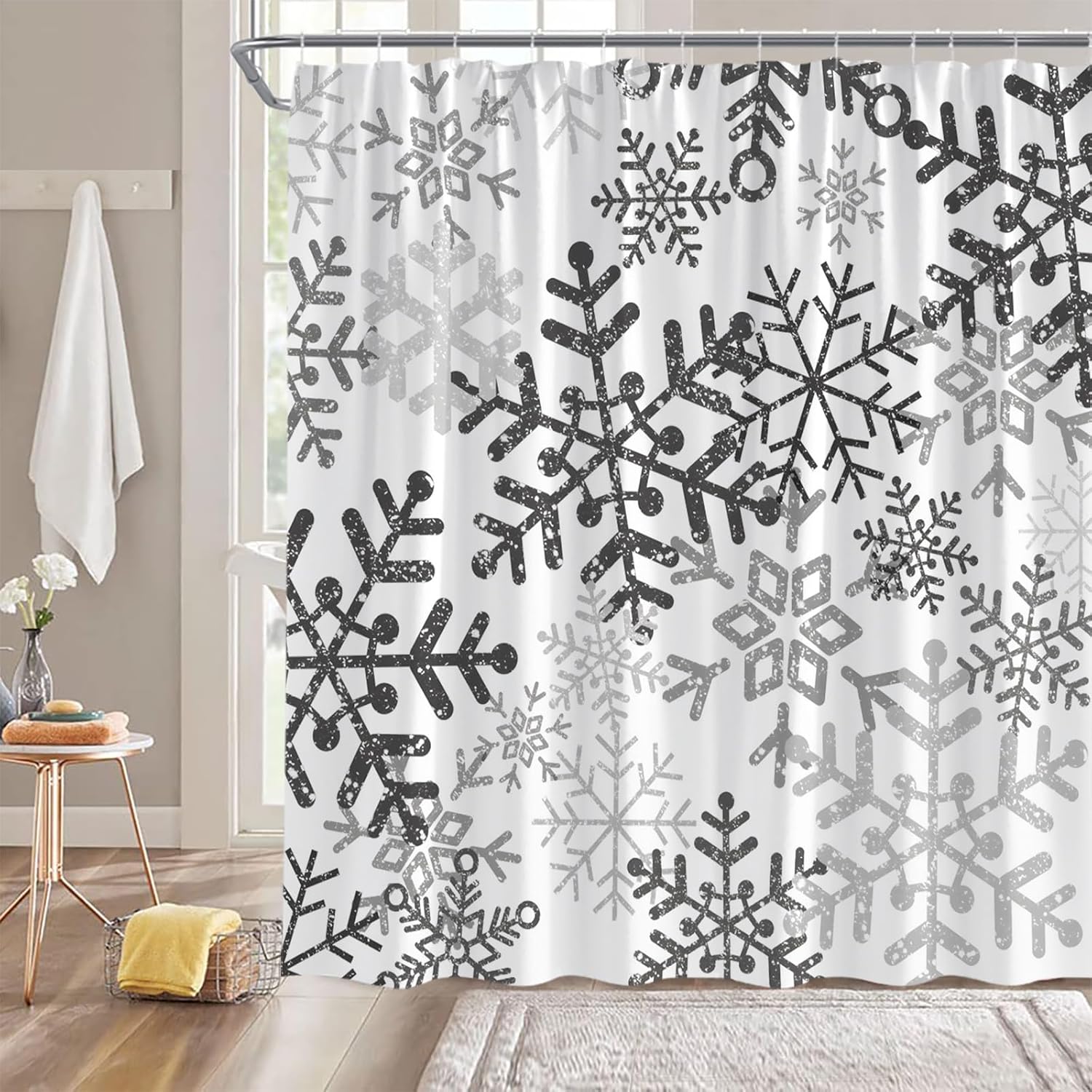 Snowflakes Shower Curtain 70" Wx96 H,Christmas Gray Snow Winter Holiday Fabric Bathroom Decor Curtains with Hooks,