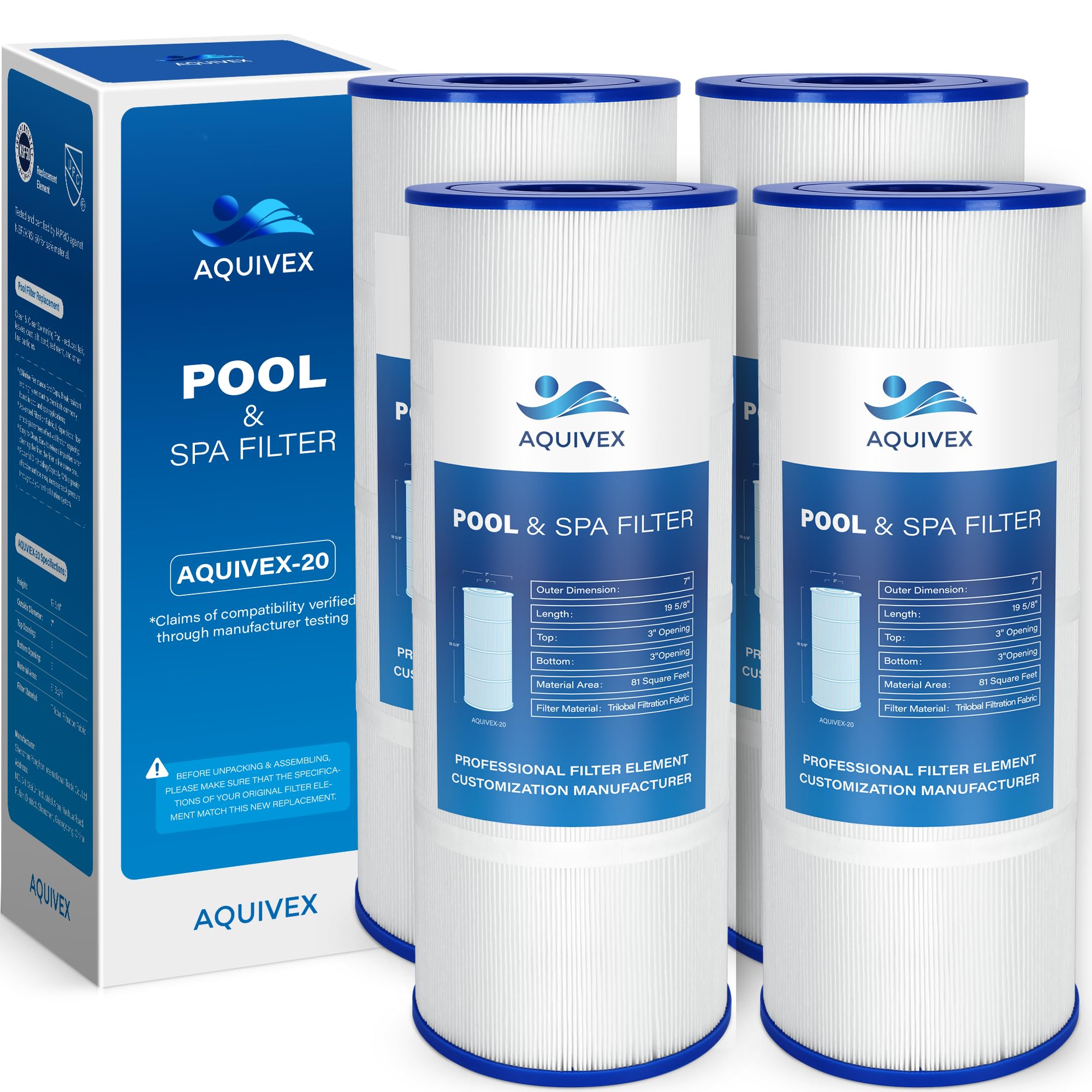 Photo 1 of AQUIVEX CX580XRE Pool Filter Cartridges, Compatible with Hayward SwimClear C3000, C3020, C3025, C3030, Hayward C580E, CX580XREPAK4, Pleatco PA81, PA81-PAK4, Filbur FC-1225, Unicel C-7483, 4 Pack