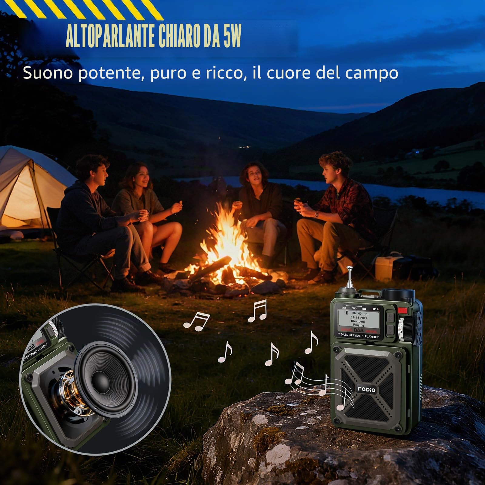Radio portatile DAB/DAB+ e FM con Bluetooth 5.3, radio solare, radio a manovella ricaricabile con SOS, torcia, jack per auricolari, scheda SD, USB, 4000 mAh di emergenza Wind up Radio