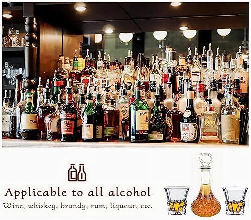 Miniatura 6 de Juego de decantador de whisky y vaso, elegante jarra de licor de 27 onzas con tapón de vidrio sólido adornado y 2 vasos de hielo de whisky a juego,