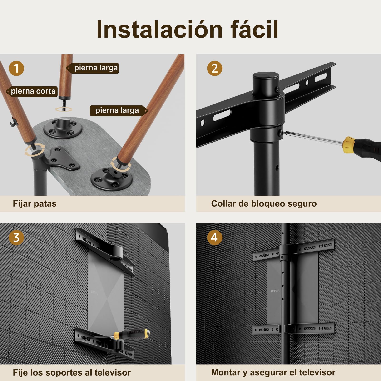 Caballete de TV para Pantalla LCD LED OLED de 43 a 65 Pulgadas | hasta 35 kg, altura regulable y orientable, soporte portátil de madera con bandeja, máx. VESA 400 x 400 mm, Madera Negra