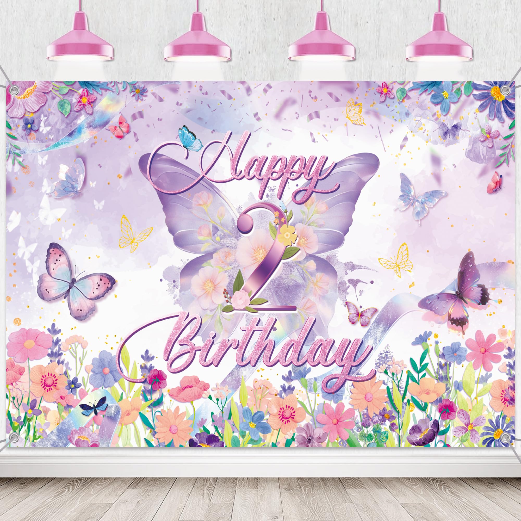Butterfly 2nd Birthday Banner Decorations - Purple Butterfly Birthday Backdrop for Girls, 5 x 3.6ft Fabric Photo Background Party Supplies