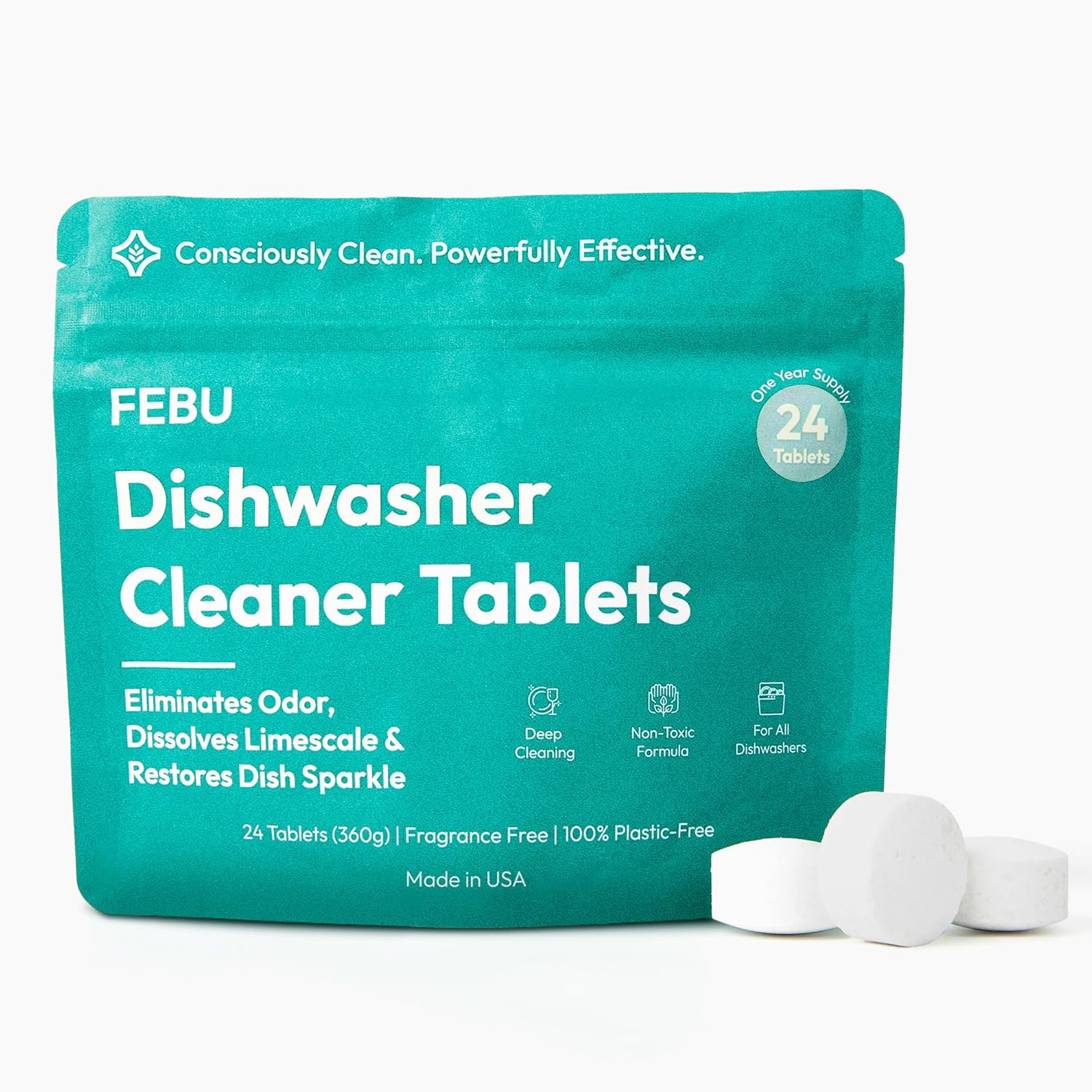 FEBU Dishwasher Cleaner Tablets Made in USA | Natural Dishwasher Cleaner and Deodorizer | Eliminates Grease & Grime | 8 Natural, Biodegradable, Plant-Based Ingredients | 24 Tablets – 12 Month Supply FEBU Dishwasher Cleaner Tablets Made in USA | Natural Dishwasher Cleaner and Deodorizer | Eliminates Grease & Grime | 8 Natural, Biodegradable, Plant-Based Ingredients | 24 Tablets – 12 Month Supply