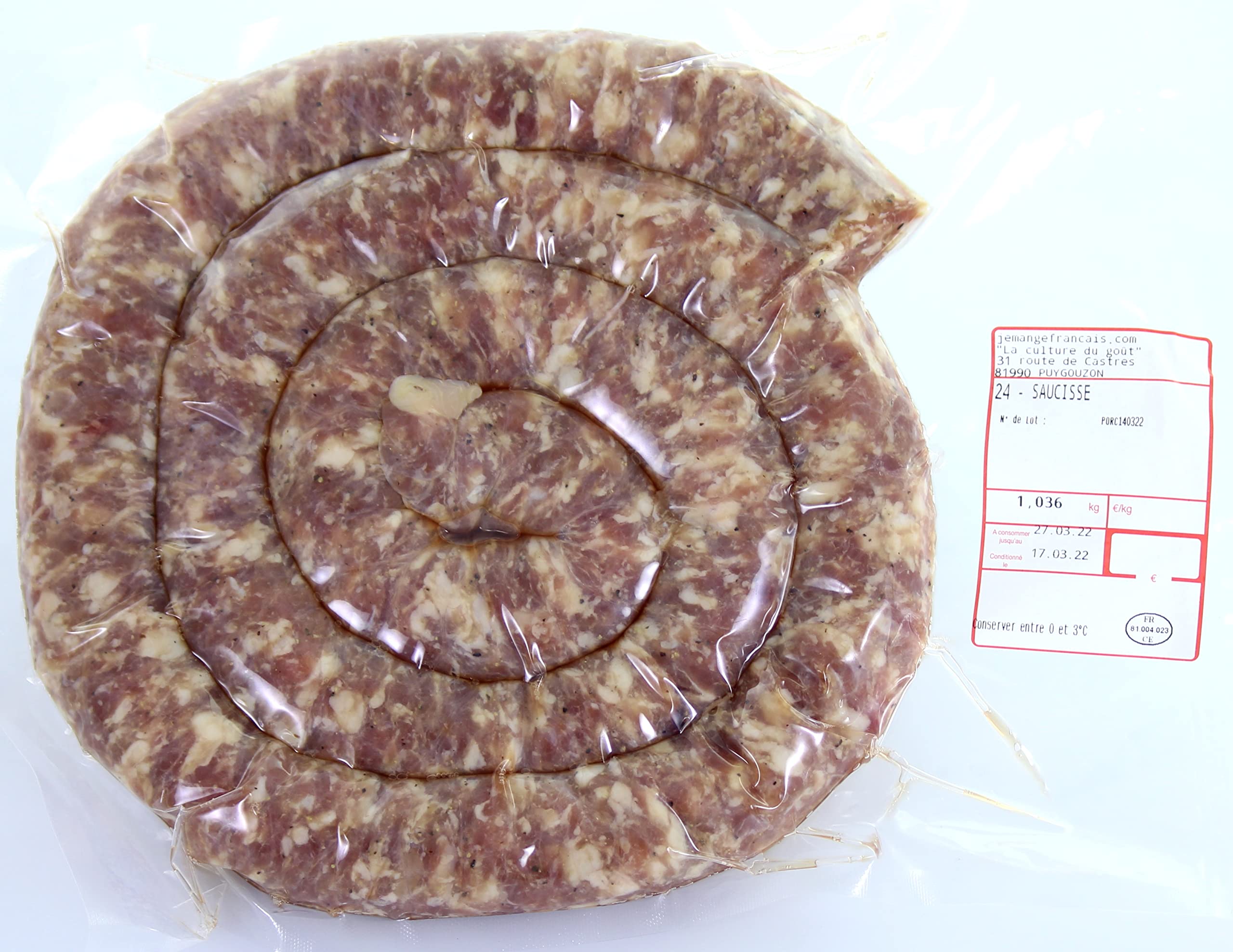 Saucisse fraîche 3 kg - Saucisse de Toulouse - Fabrication artisanale