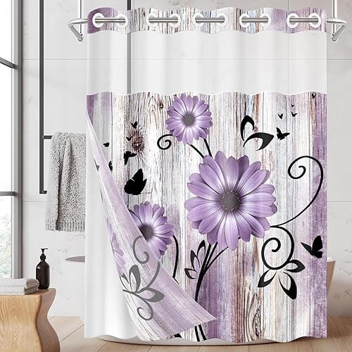 Miniatura 17 de Cortina de ducha rústica de granja sin gancho con juego de forro de tela a presión, flores de margarita azul y mariposa en doble capa de madera