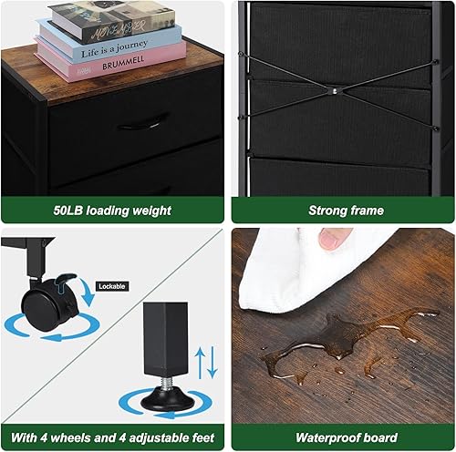 Miniatura 4 de LIANTRAL Mesita de noche con cajones, 4 cajones de almacenamiento de tela con ruedas, cómoda de fácil montaje para dormitorio, dormitorio, pasillo,