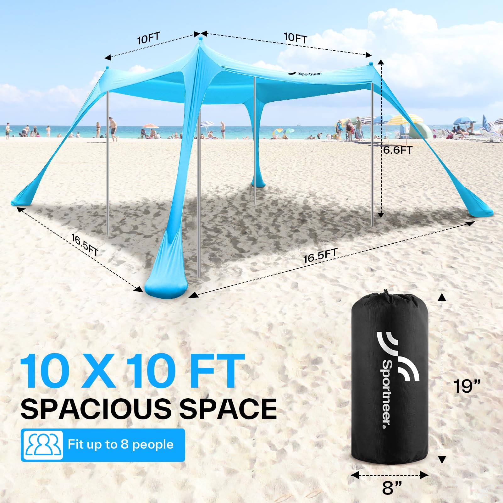 Sportneer - Tenda a baldacchino da spiaggia, tenda da spiaggia, parasole UPF50+, con 4 pali di stabilità, pala di sabbia e picchetti per spiaggia, campeggio, cortile, picnic all'aperto