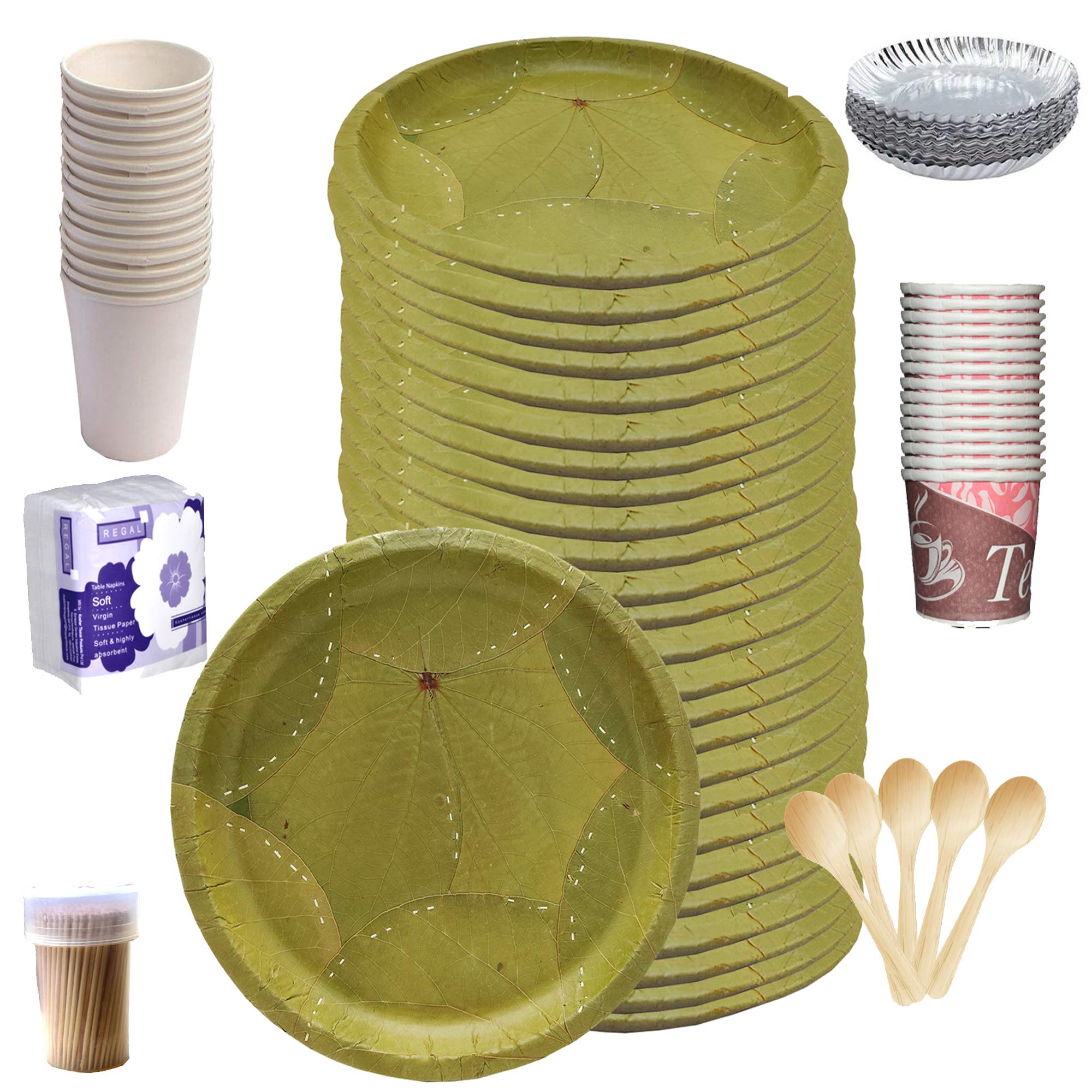 UR LITTLE SHOP 100% Biodegradable_Eco Friendly_12 Inch Leaf Dinner Plates_Paper Glasses_ Tiffin Plates_Wooden Spoons_Paper Tea Cups_Tissues_Tooth Picks_All Items Pack of 25 Combo_ ULSP8