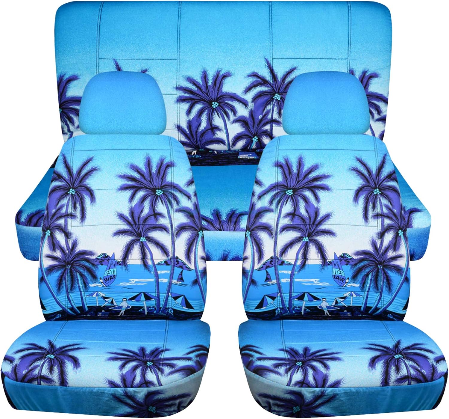 Totally Covers Hawaiian Print Car Seat Covers w 2 Front Headrest: Blue w Flowers - Universal Fit - Full Set - Buckets & Rear Bench - Option for Airbag/Seat Belt/Armrest/Release/Lever/Split Compatible