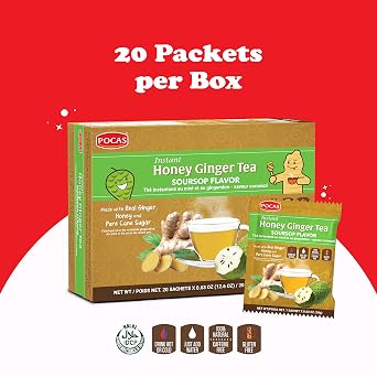 Pocas Honey Ginger Instant Tea Powder, Soursop Flavor 2-Pack, Ginger Extract & Real Sweetener, Caffeine-Free Tea, 20 Packets per Box
