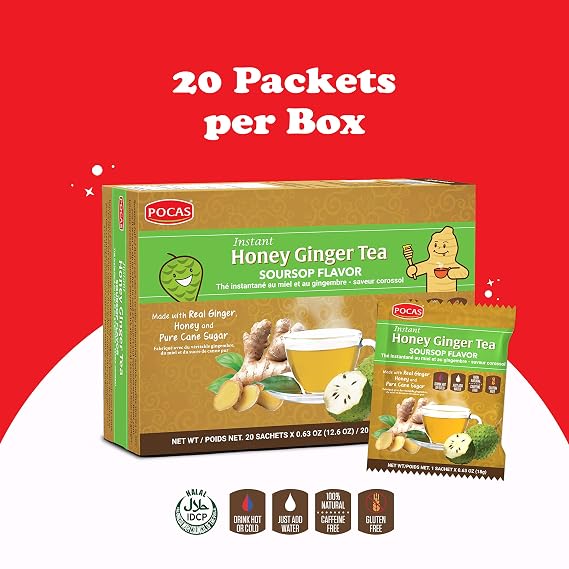 Pocas Honey Ginger Instant Tea Powder, Soursop Flavor 2-Pack, Ginger Extract & Real Sweetener, Caffeine-Free Tea, 20 Packets per Box