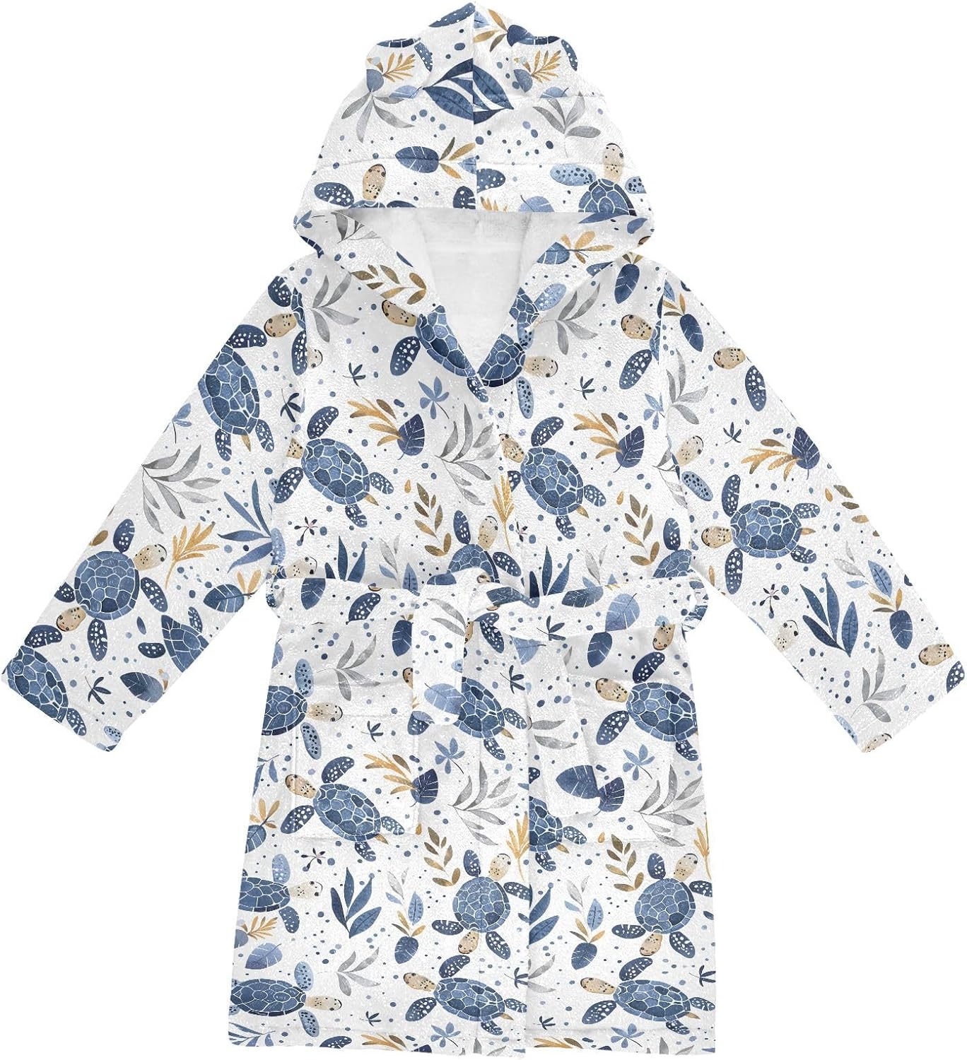 senya Turtle Ocean Blue Toddler Hooded Bathrobe Kids Soft Plush Bath Towel Robes for Boys Girls 2-12 Years