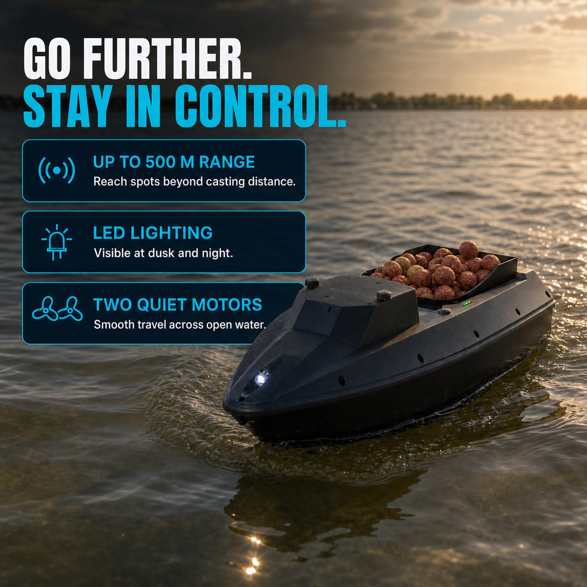 barca pasturatrice, barca con esca per la pesca alla carpa – Nuovo modello con Cruise Control, Capacità di carico 1,5 kg, portata 500 m, Tempo di navigazione 3 ore, illuminazione a LED