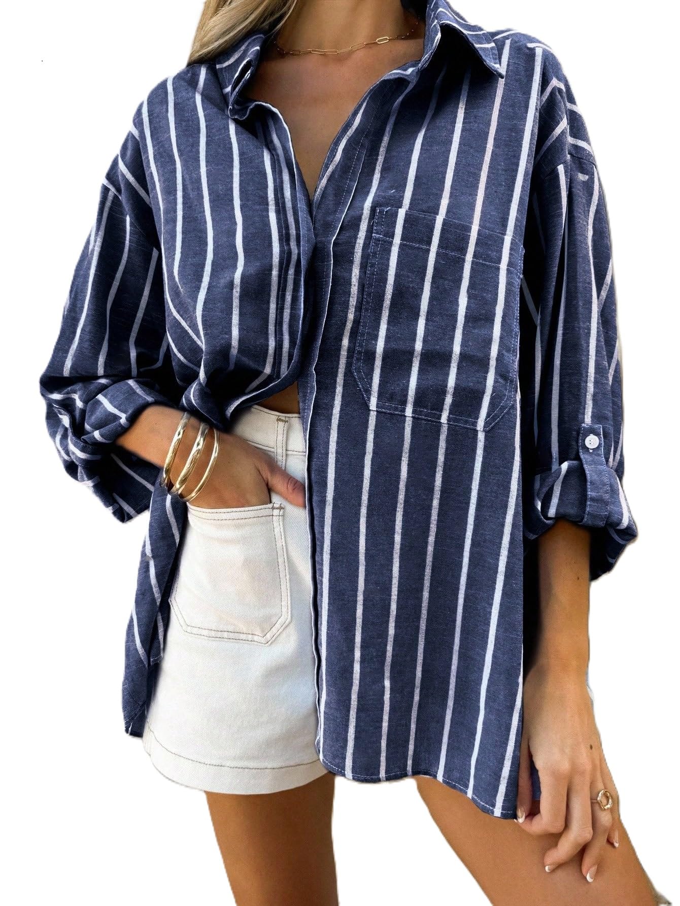 Women's Striped Shirt || Classic Striped Shirt for Woman || Trendy Casual Top for Women || Collared Summer Beach Wear Blouse || Versatile Resort Holiday Office Outfit Tunic (24 S-1-4)-picture-37