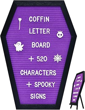 Coffin Letter Board, Halloween Decor, 16x11 Inch, Purple | Felt message board with 520 characters, wooden stand, for spooky home decor, goth room decorations, office supplies sign