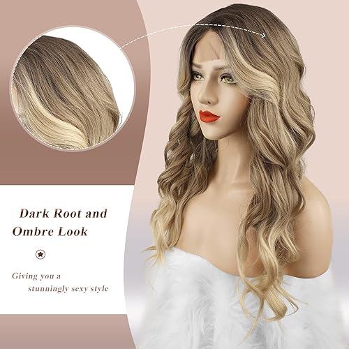 Miniatura 3 de FESHFEN Pelucas largas onduladas para mujer, 26 pulgadas, rubio degradado, mezcla de marrón con raíces oscuras, pelucas de raya en medio, pelucas