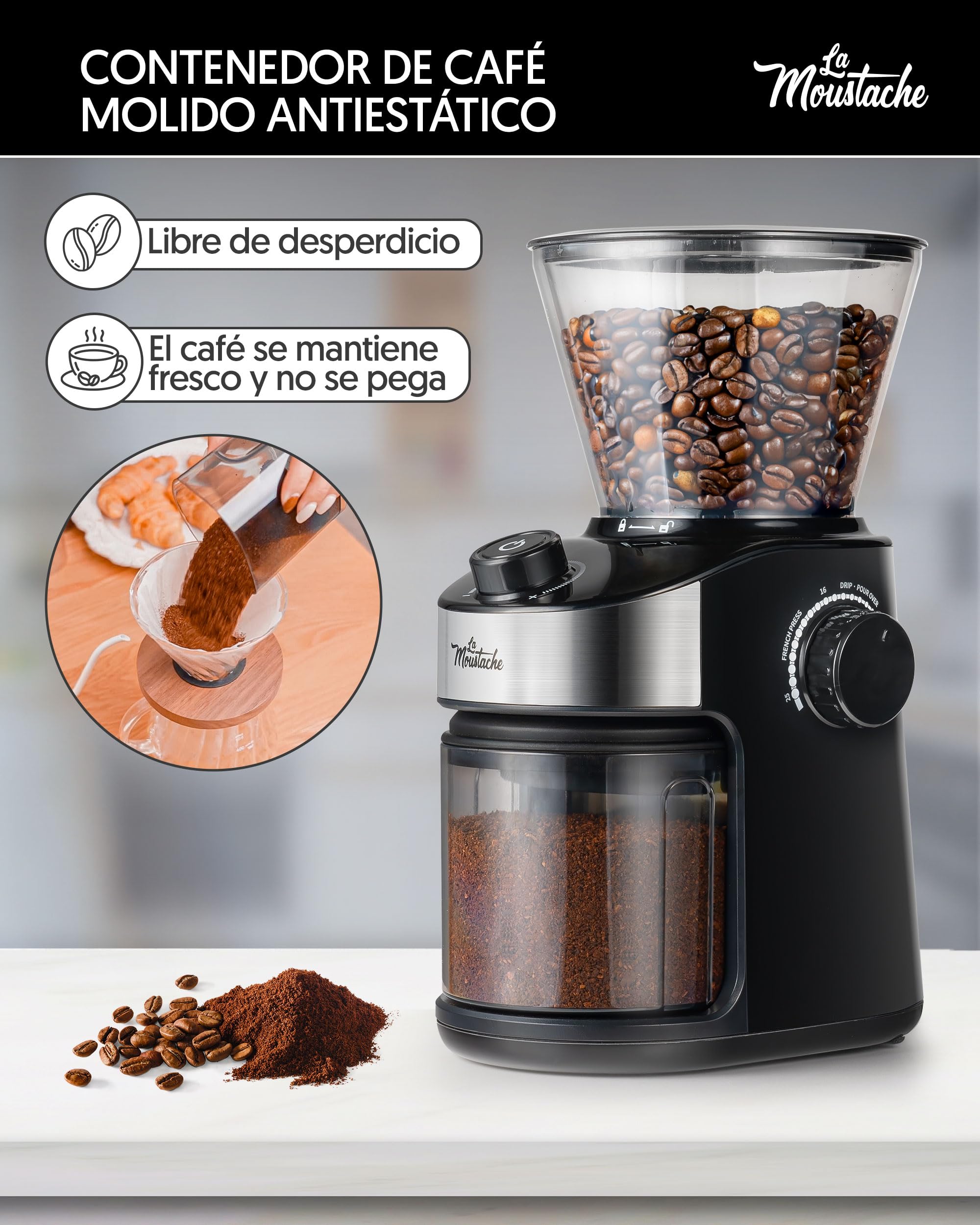 La Moustache - Molinillo de Café Eléctrico 200W con Mecanismo Plano de Acero Inoxidable 190g | 25 Grados de Molido【Bajo Ruido】Contenedor Transparente, Temporizador y Cepillo (GrindMaster Black)