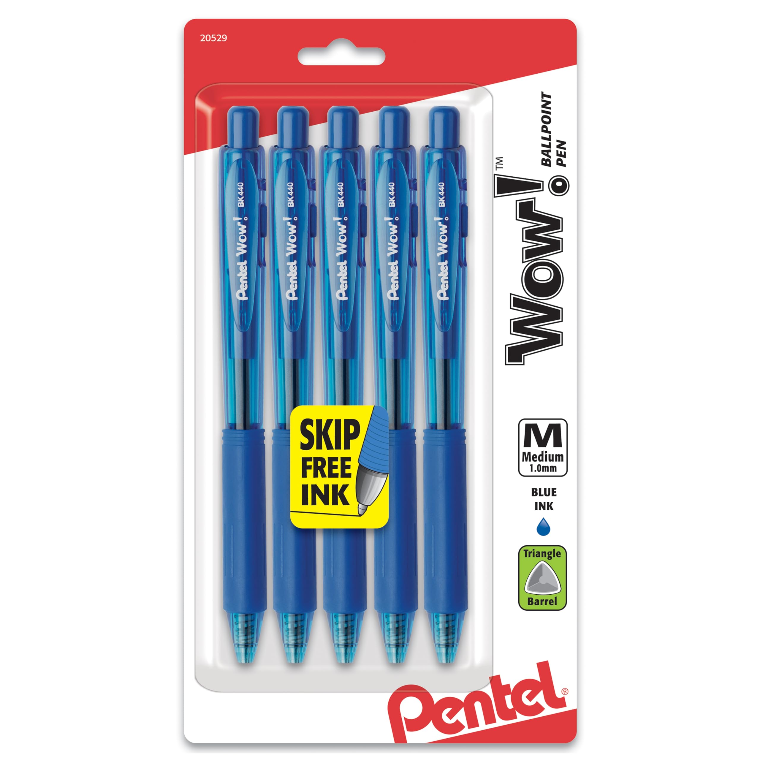 Pentel Wow! Retractable Ballpoint Pen, (1.0mm) Medium Line, Blue Ink, Pack of 5 (BK440BP5C)