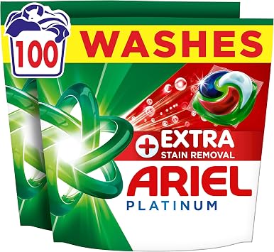 Ariel Platinum PODS®, Washing Liquid Laundry Detergent Capsules, 100ct | 100 Washes, +Extra Stain Removal, Remove Even 7-Day Dried-in Stains