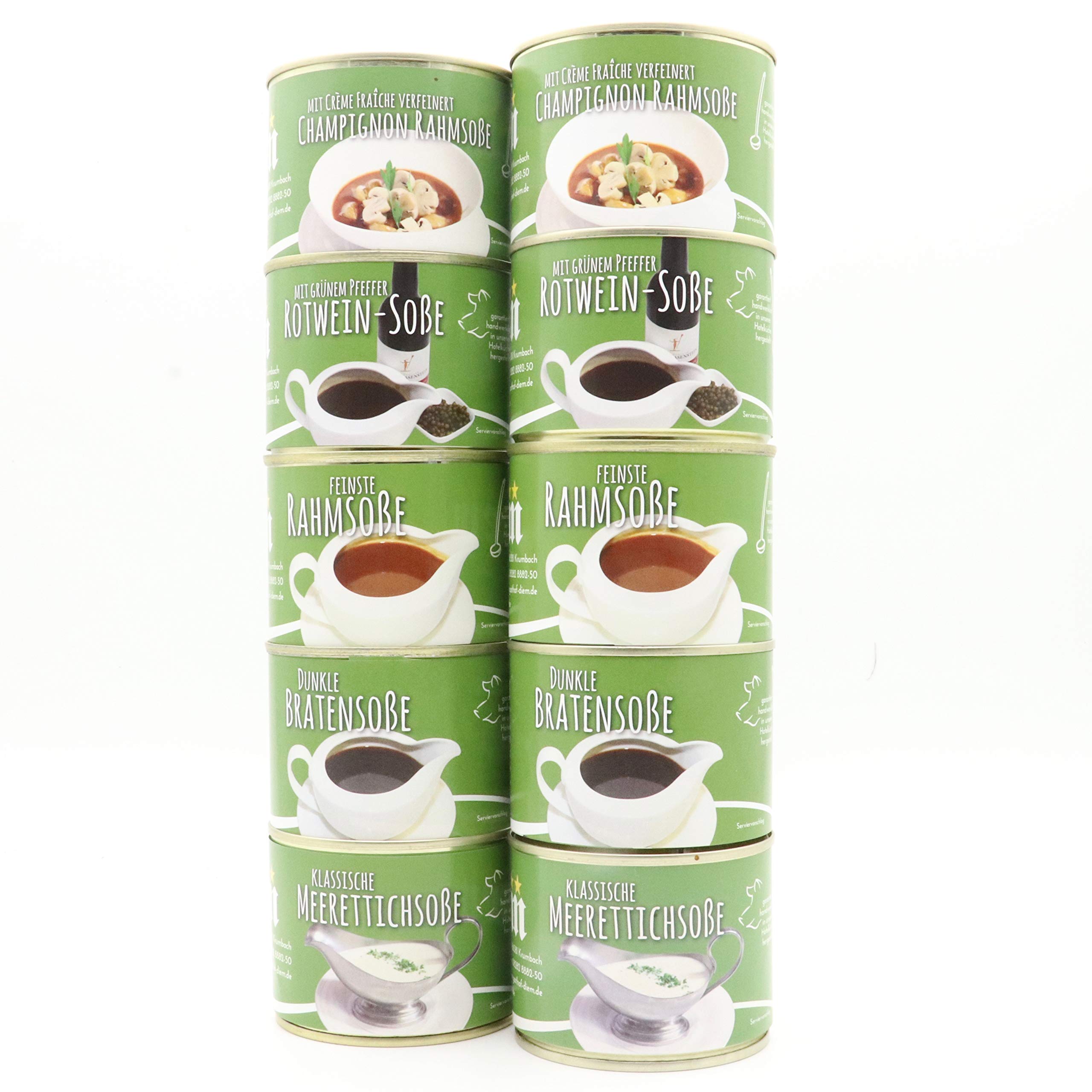 Diem Soßen Paket , Probierpaket - Soßenklassiker - Rahmsoße, Bratensoße, Meerrettich-Soße, Champignon-Rahm-Soße, Rotwein-Soße mit grünem Pfeffer / 10 x 200g Konserve