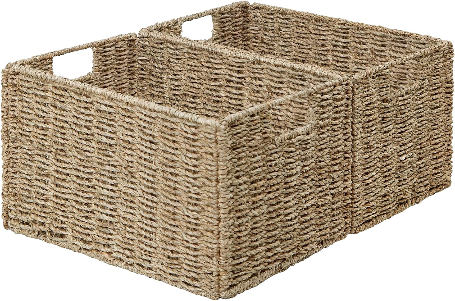 Vagusicc Wicker Storage Basket, Set of 2 Hand-Woven Storage Baskets for Organizing, Small Wicker Basket for Toilet Paper, Foldable Large Cube Storage Organizer Basket Bins for Shelves (Sea Grass)