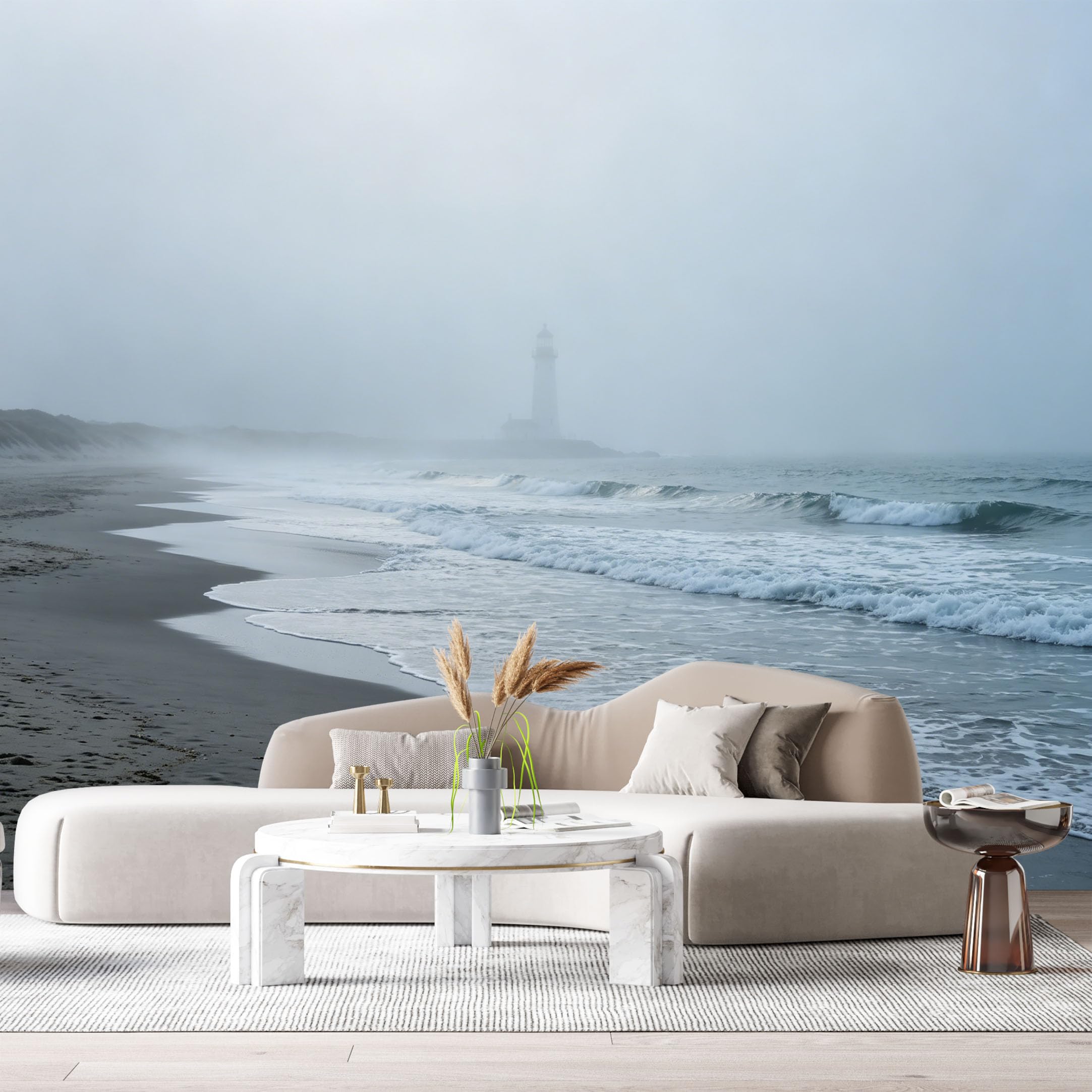 Custom Size Wall Murals Coastal Lighthouse Ocean Waves Misty Shore SelfAdhesive Wall Fabric Removable Large Wallpaper for Photo Living Room
