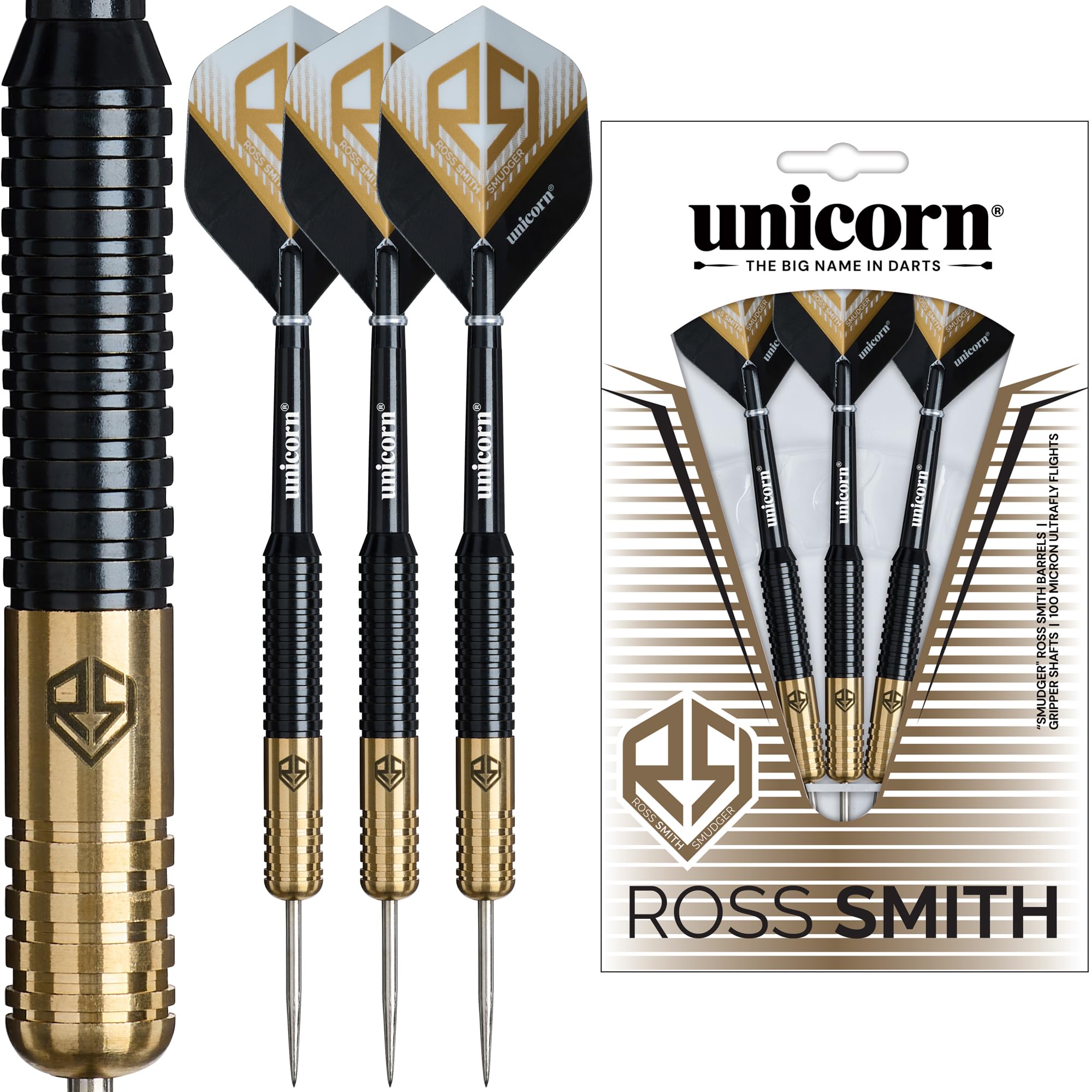 Unicorn | Ross Smith Pro Player | Brass Barrel Steel Tip Darts Set | Durable Stunning Ultrafly Flights | Silver Points | 20 g