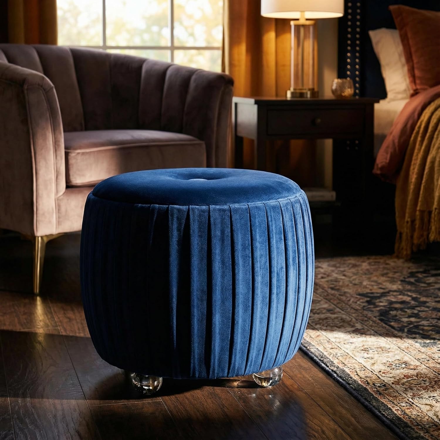 Cortesi Home Doles Round Ottoman with Clear Acrylic Legs 16, High, Navy Blue Velvet