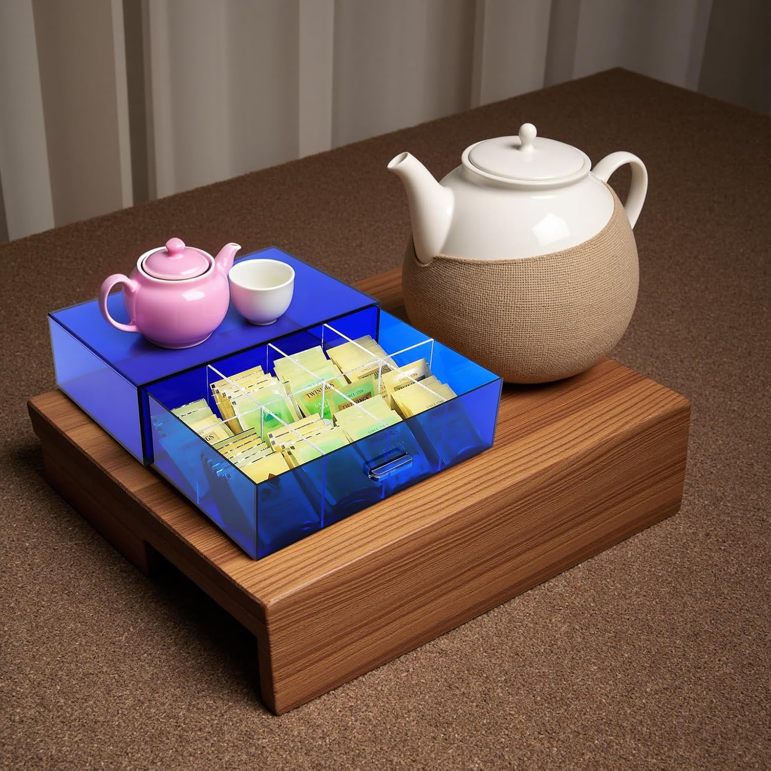 Acrylic Tea Bag Organizer and Storage Box Stackable Tea Bag Holder with Drawer for Countertop, Navy Blue