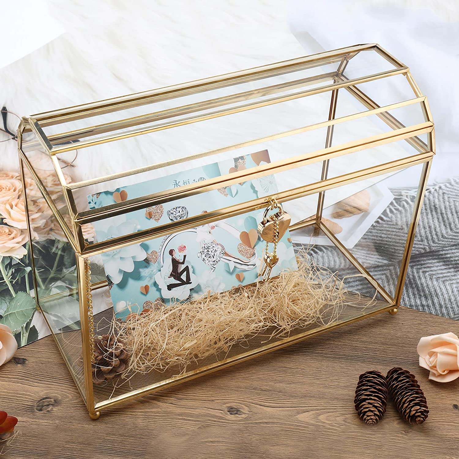 Homtone 31 cm Große Glas Hochzeit Kartenbox mit Schlitz und Schloss, Geometrisches Terrarium Gold Glaskasten, Vintage Präsentationsbox für Hochzeitsempfang, Tafelaufsatz