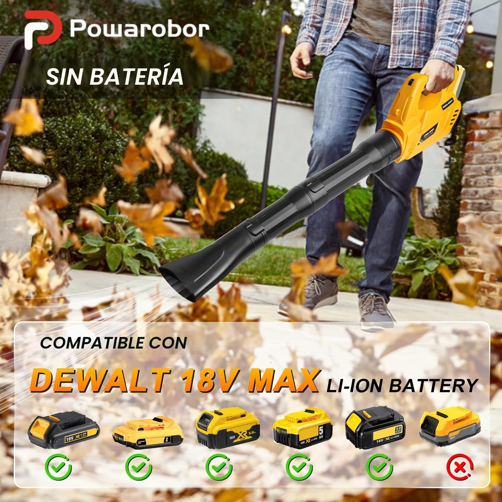 Sopladora De Hojas Inalámbrica Compatible con Batería Dewalt 18V | -Sopladora para obra con 6 velocidades ajustables-para jardín/hojas/nieve/coche/PC (sin batería)