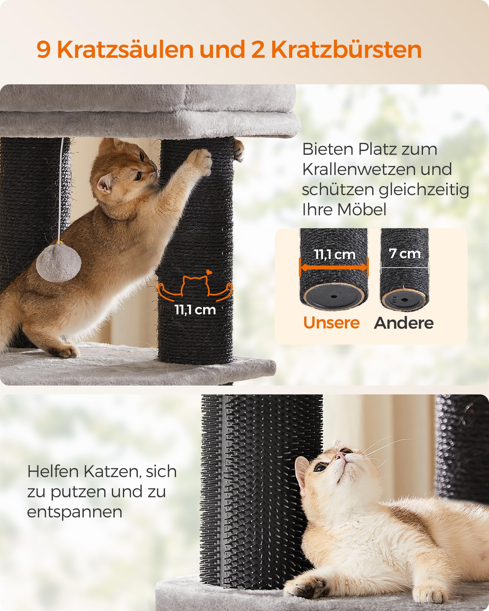 Feandrea Kratzbaum, mit warmen Decken, für große Katze, Katzenbaum, 2 Katzenbürsten, 11,1 cm d Dicke Stämme, große Plattformen, Höhle, 50 x 50 x 160 cm, Taubengrau-schwarz PCT003W01