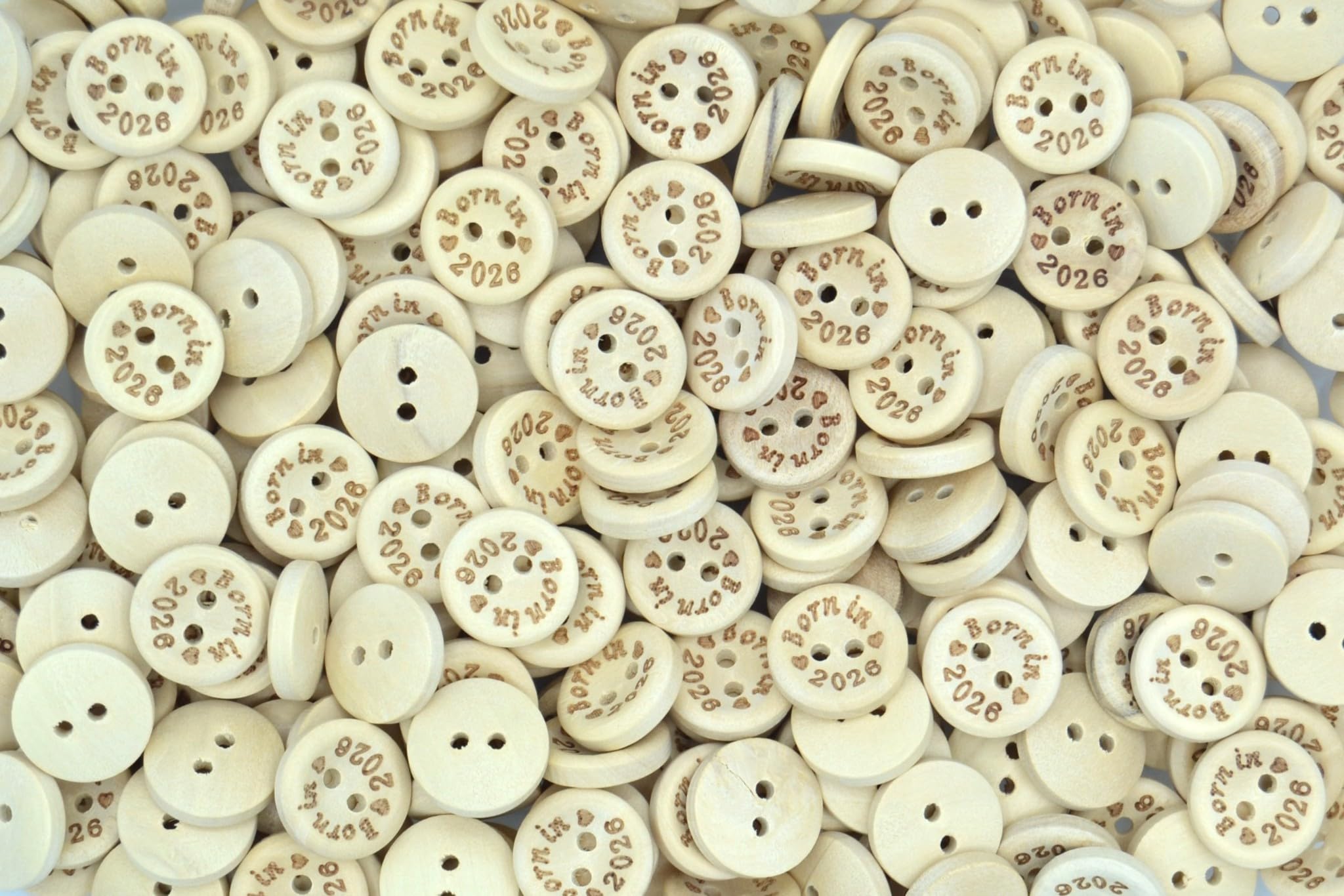 celloexpress Natural Wooden Buttons with Patterns & Quotes - Sewing Crafting Decorative Prints Crafts - 25mm Born in 2026 (Pack of 100)