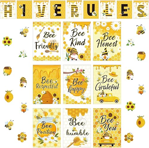 Harloon Juego de 54 tablones de anuncios de abeja, decoración de aula de abeja, pósteres motivacionales de verano, póster de reglas de colmena,