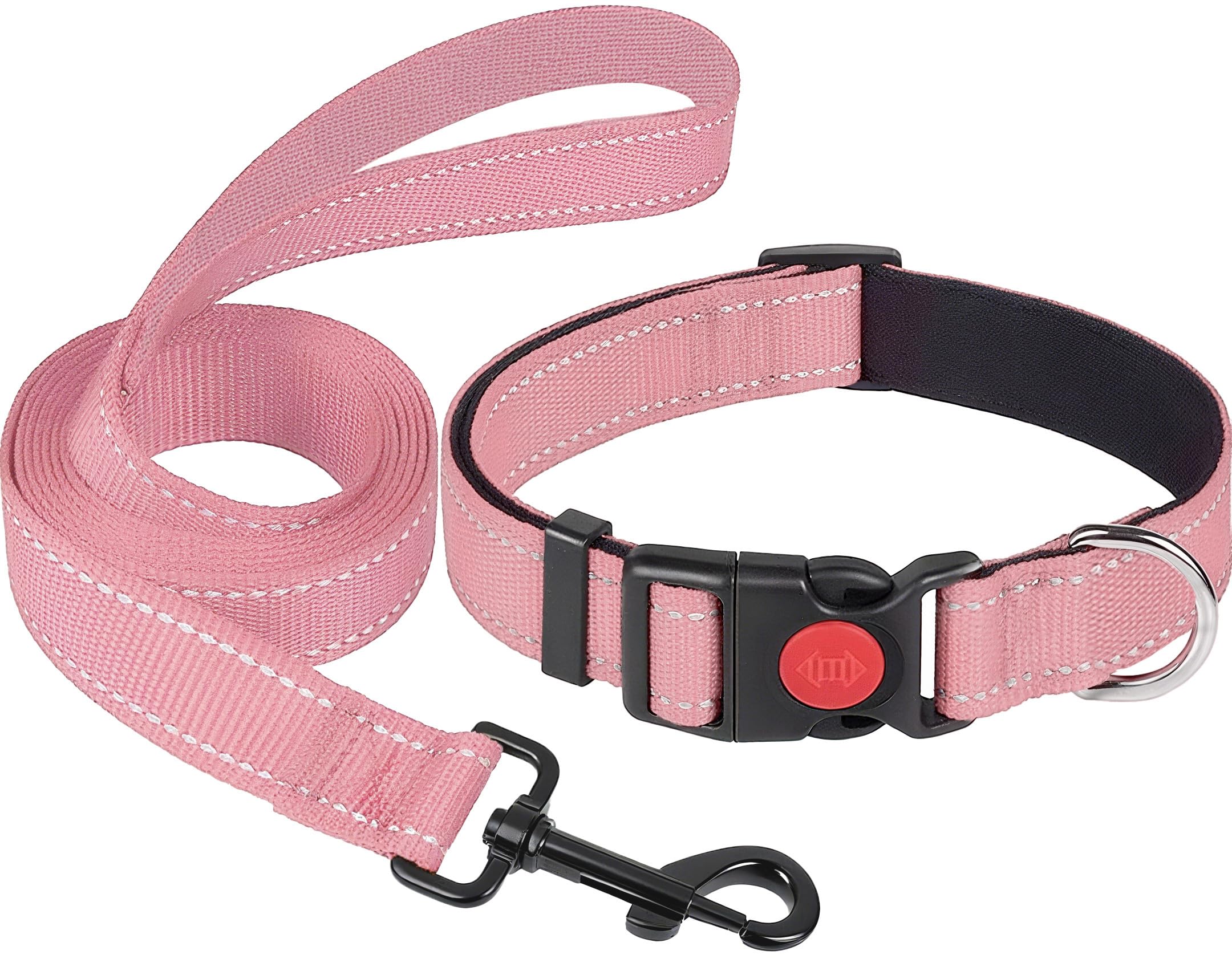 Guoxintech Reflective Nylon Dog Collar and Lead Set, Adjustable Soft Padded Neoprene Collar with Safety Buckle, Durable Heavy Duty Pet Collar Lead Matching Combo for 2-10kg Small Medium Dogs(Pink)