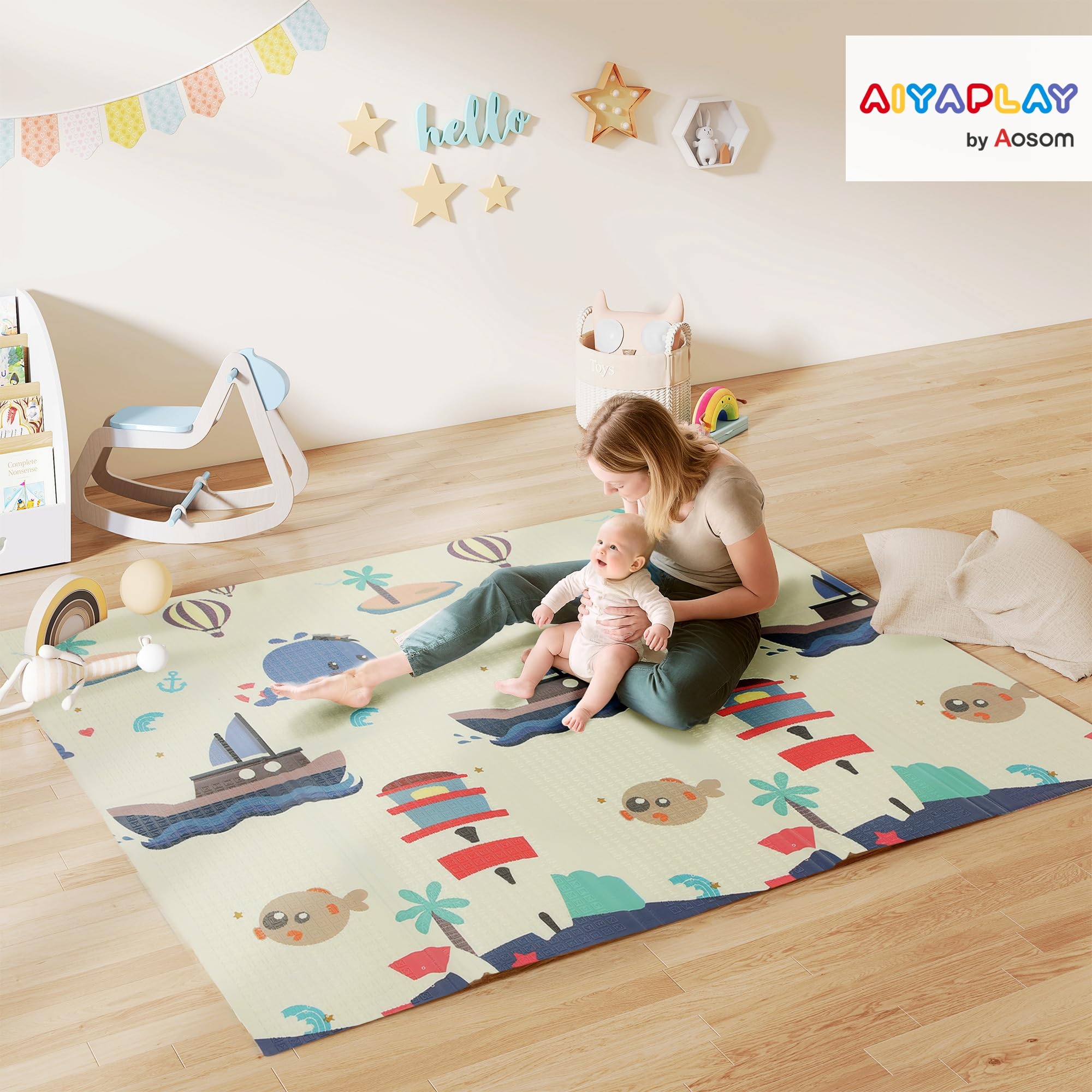 AIYAPLAY Tapis de Jeu pour Bébé Pliable Cerf et baleine 196x176x1,5cm | Réversible, Tapis de Sol en Mousse Épais, Antidérapant, Imperméable, Développement Sensoriel