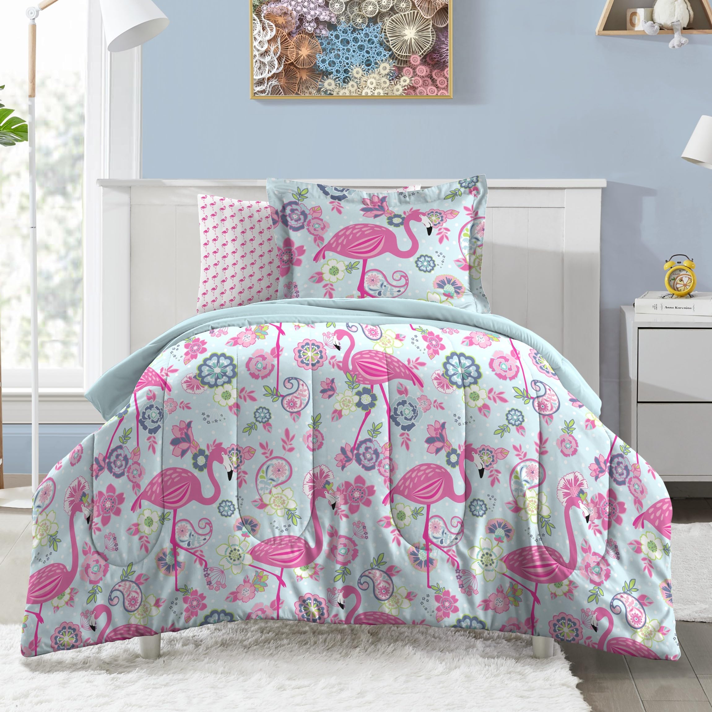 dream FACTORY Kids 7-Piece Complete Set Easy-Wash Super Soft Microfiber Comforter Bedding, Full, Pink Flamingo