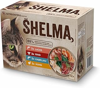 Shelma Katzen-Nassfutter Fleisch und Fisch Multipack mit den Sorten Rind, Lachs, Huhn und Kabeljau – Getreidefreies Alleinfuttermittel mit hohem Fleischanteil – 12 x 85 g (1,02 kg) product image