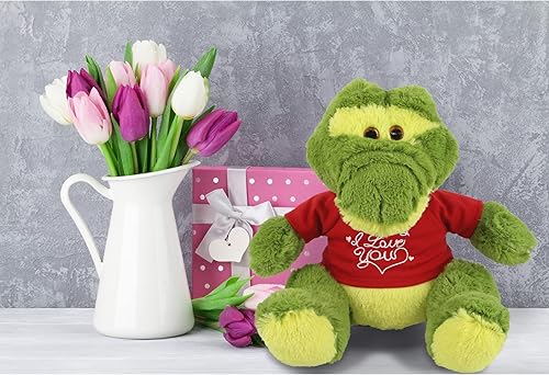Miniatura 6 de DolliBu I Love You - Peluche de San Valentín con diseño de cocodrilo verde sentado, lindo animal de peluche con camisa roja y nombre, regalo