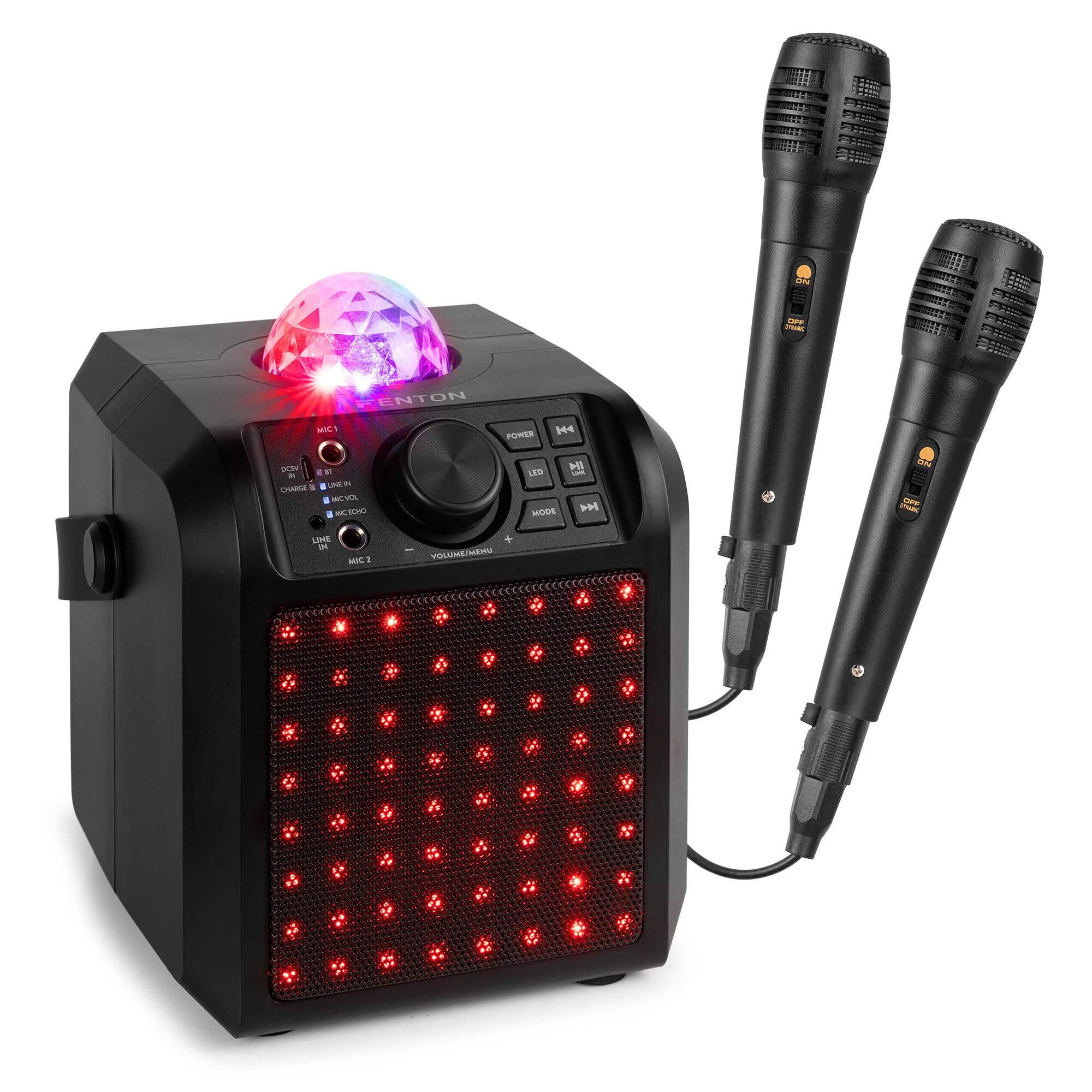Fenton KAR55B - Altoparlante Karaoke per bambini, Bluetooth con facciata luminosa e gelatina Ball da 50 Watt, batteria incorporata, 2 microfoni inclusi, attività giocosa per bambini e compleanni