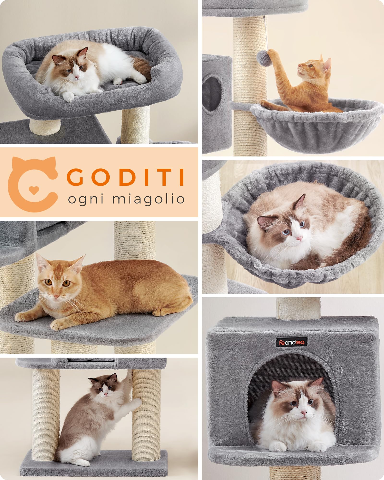FEANDREA Tiragraffi, Albero per Gatti con Piazzola XXL in Peluche, Ampia Casetta e Cuccia Rotonda, unità Mobile, Spesse Colonne Completamente Rivestite in Corda Sisal, Stabile, Grigio Chiaro PCT01W