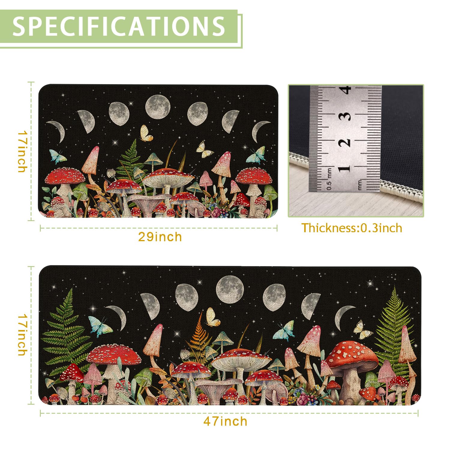 Kuyuayee Farmhouse Mushroom Kitchen Mats Set of 2 Non Slip Mushroom Kitchen Rugs Moon Mushroom Home Decor Low-Profile Washable Floor Mat 17x47 Inch and 17x29 Inch