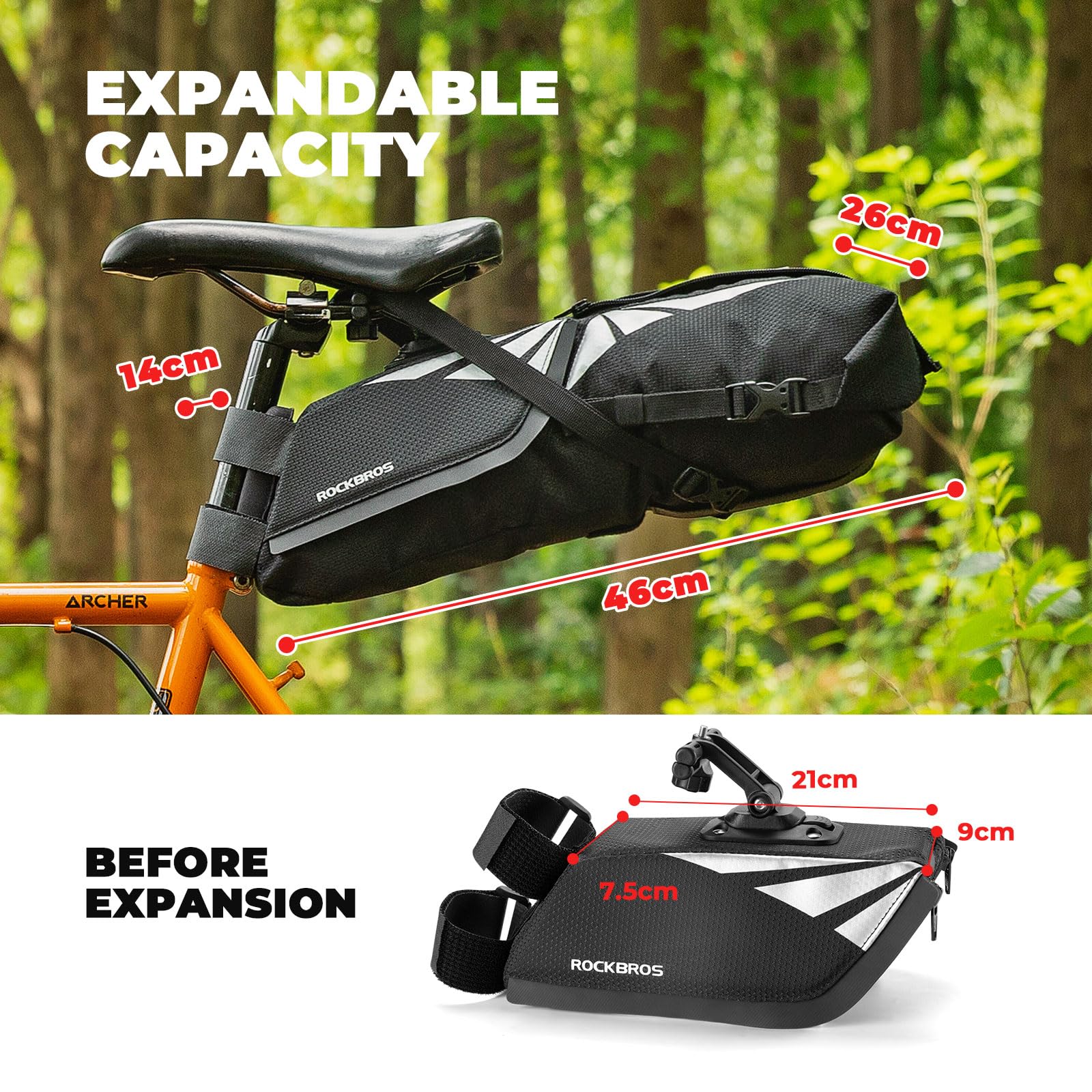ROCKBROS Torba na siodełko rowerowe 8L, wodoodporna torba na siodełko rowerowe, odblaskowe tylne torby rowerowe do jazdy na rowerze Bikepacking MTB Mountain Bike