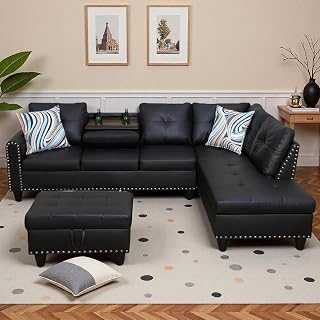 L-Shaped Sectional Sofa with Movable Chaise & Storage Ottoman, Leather 3-Piece Modular Convertible Couches for Living Room, Apartment & Office, Black