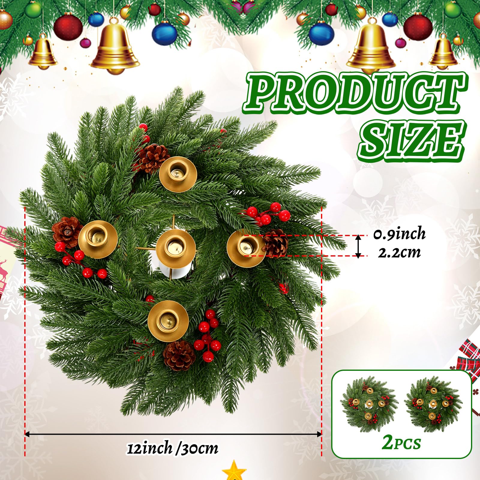 LemonRoad Juego de 2 coronas de Adviento de Navidad de 12 pulgadas, 5 portavelas, decoración de centro de mesa de Navidad con conos de pino, tallo de bayas de acebo para Navidad, decoración del hogar