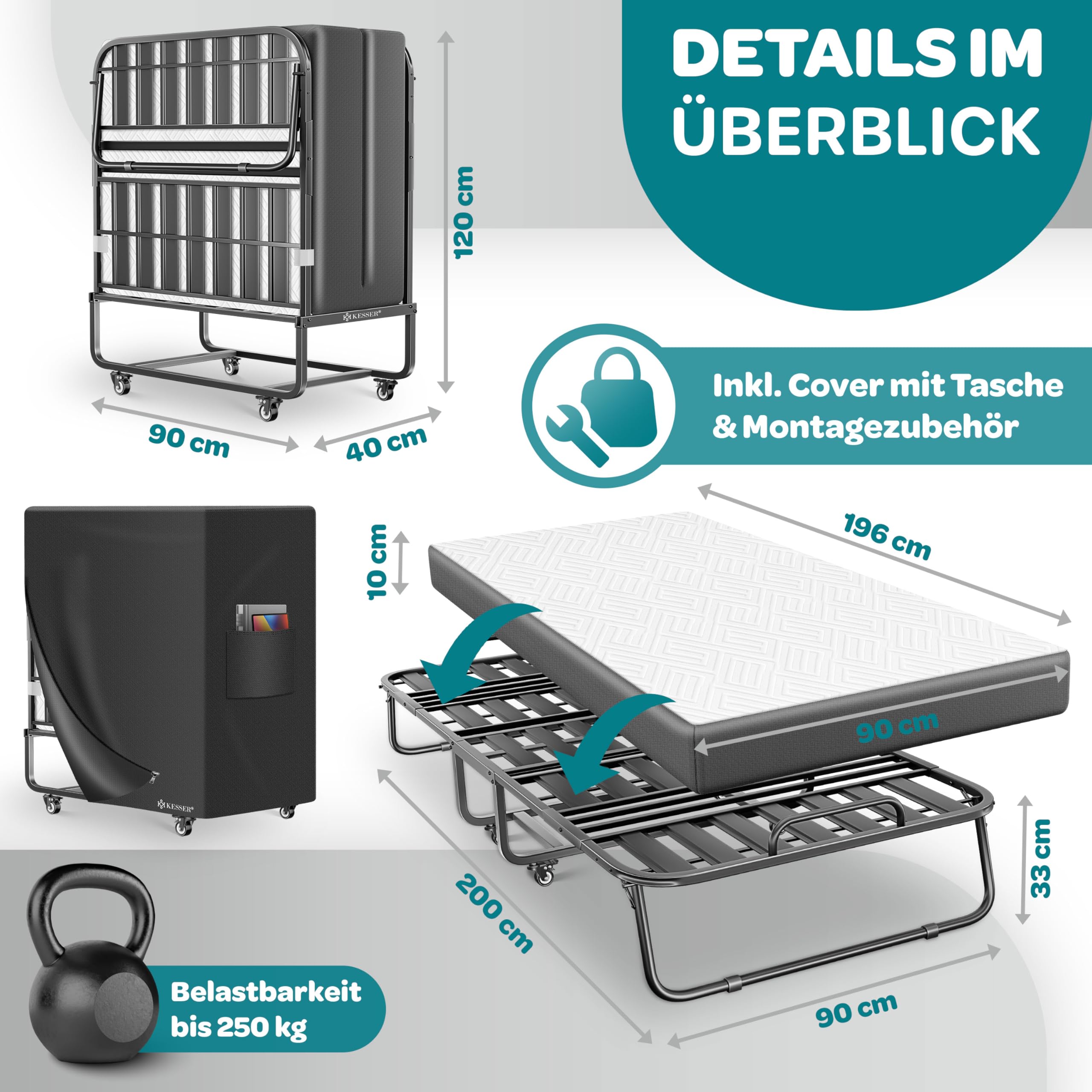 KESSER® Klappbett 200x90cm Gästebett inkl. Matratze aus Memory-Schaum & Rollen | faltbares Reisebett mit Metallrahmen für Erwachsene belastbar bis 250kg | Metallbett mit Schaumstoffmatratze & Cover