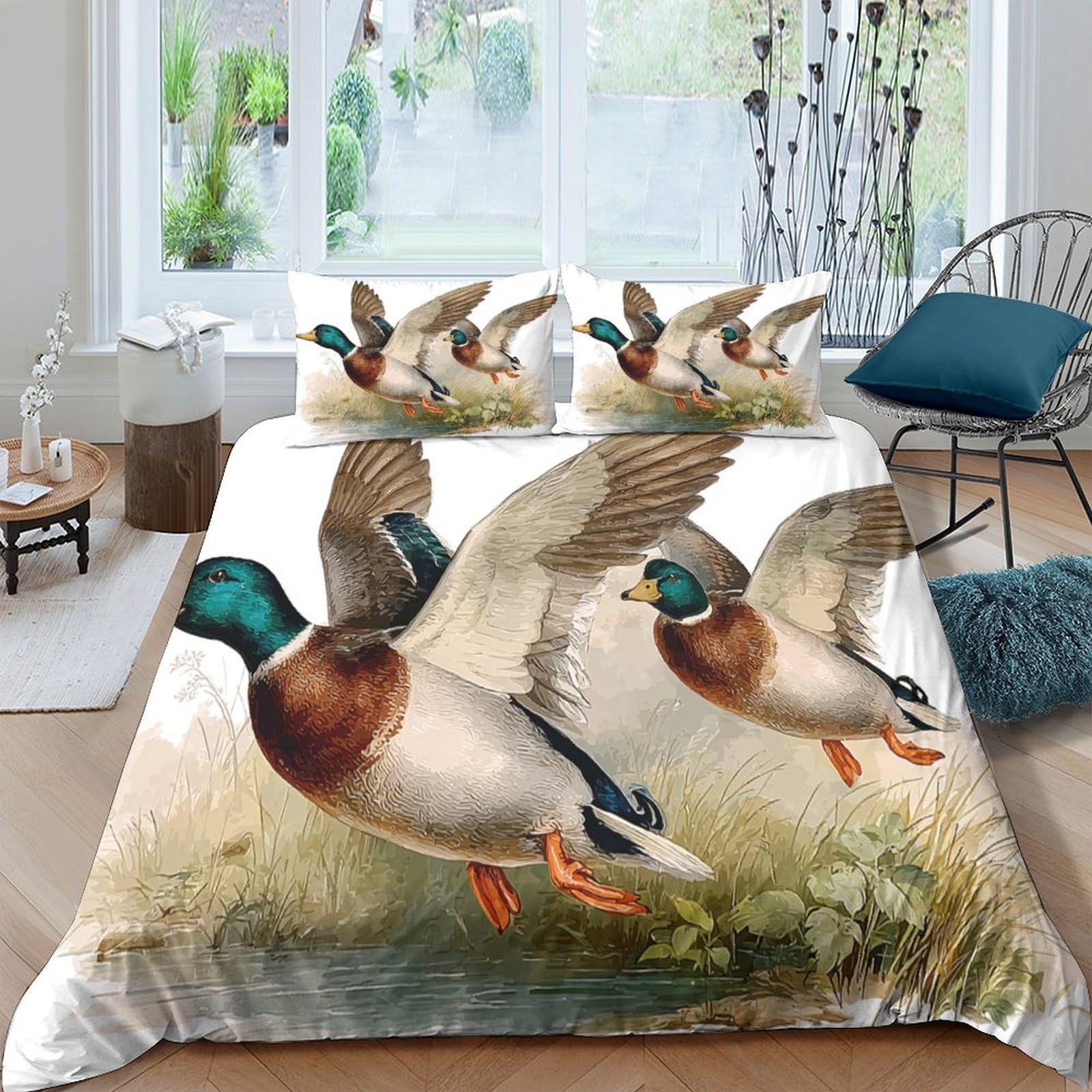 Ctjqhvkz Style-5 3D Printed Flying Mallard Duck Fitted Sheet Microfiber Soft Art Meadow Bed Cover For Bedroom Guest Room Decor Single（135X200cm）