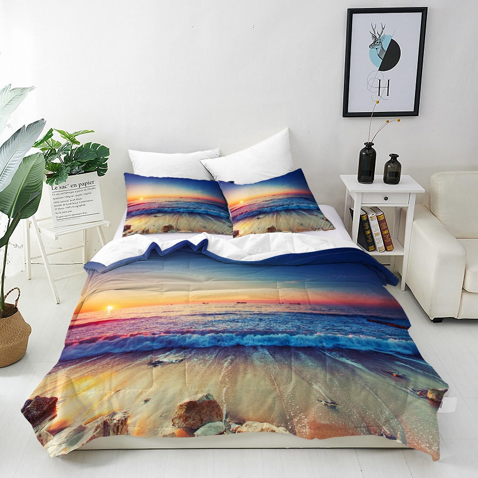 ANHOPE Sunrise Beach Duvet Cover Set 3 Piece Bedding Set with 2 Pillowcases Coastal Tropical Ocean 3D Printed Pattern Soft Breathable Microfibre Quilt Cover with Zipper Closure Double